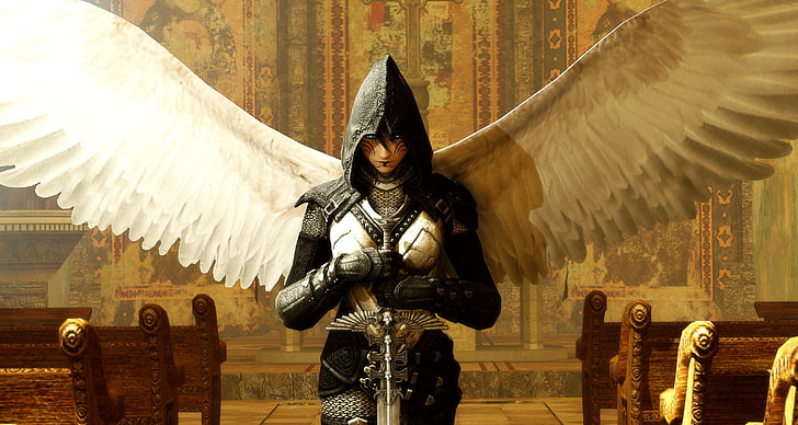 черно-белая иллюстрация характера ангела, фэнтезийное искусство, меч, броня, крылья, капюшоны, церковь, HD обои