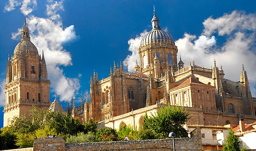 brun kupolbetongbyggnad, landskap, staden, gotiska, katedralen, arkitektur, Spanien, Salamanca, katedralen i Salamanca, HD tapet HD wallpaper