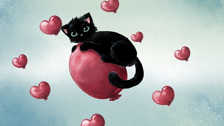 черна котка езда на червен балон живопис, котка, топка, картина, полет, HD тапет