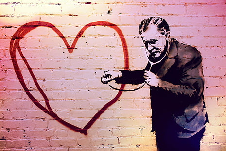Banksy, อิฐ, แพทย์, กราฟฟิตี, หัวใจ, ผู้ชาย, หูฟัง, ชุดสูท, วอลล์เปเปอร์ HD HD wallpaper