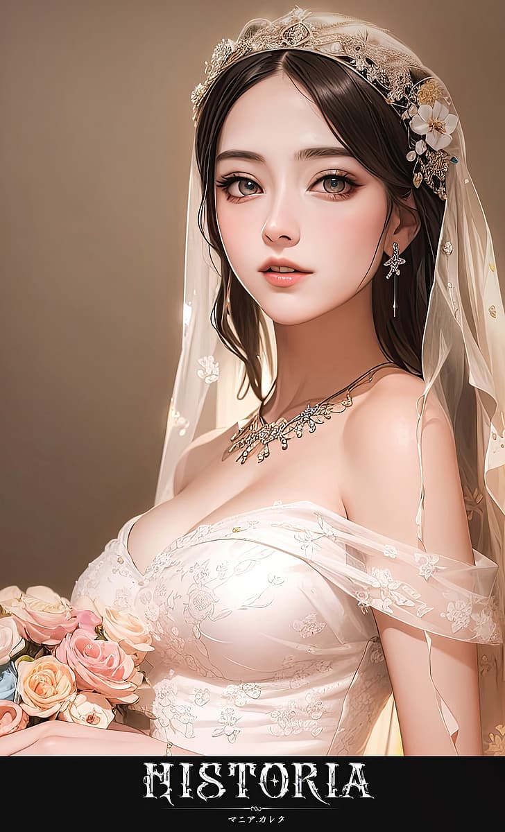 Mania Carta, drawing, women, brides, veils, necklace, wedding dress, simple background, HD wallpaper