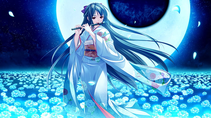 Anime, Tsukumo No Kanade, blått hår, blomma, flöjt, flicka, japanska kläder, kimono, långt hår, måne, natt, traditionell dräkt, HD tapet