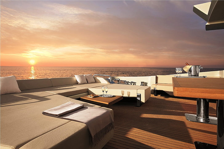 sunset, the ocean, the evening, yacht, deck, champagne, sofas, HD wallpaper