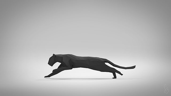 black Jaguar clip art, black panther figurine, animals, digital art, pumas, minimalism, simple background, running, black, vector, artwork, low poly, gray, HD wallpaper