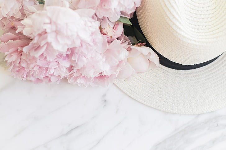 flowers, bouquet, hat, marble, pink, peonies, tender, HD wallpaper