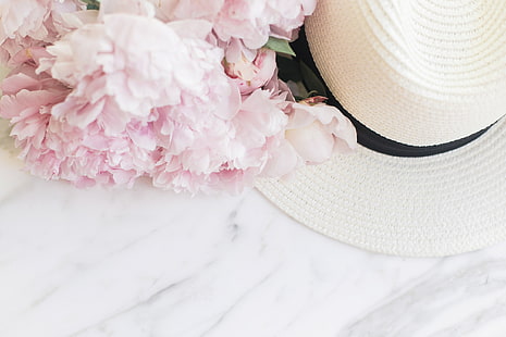 fleurs, bouquet, chapeau, marbre, rose, pivoines, tendre, Fond d'écran HD HD wallpaper