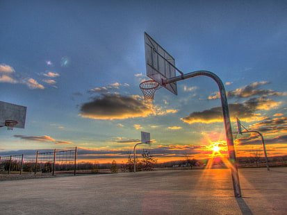 basquete, esporte, esportes, quadra de basquete, pôr do sol, aro, HD papel de parede HD wallpaper