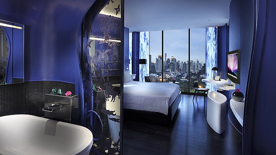 бял матрак, интериор, стая, на закрито, модерен, хотел, интериорен дизайн, баня, прозорец, градски пейзаж, легло, небостъргач, светлини, Банкок, Тайланд, HD тапет HD wallpaper