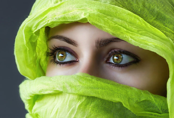 mata hijau, hijau, kerudung, wanita, make up, Wallpaper HD