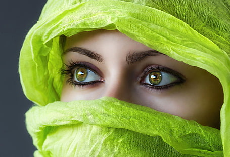 mata hijau, hijau, kerudung, wanita, make up, Wallpaper HD HD wallpaper