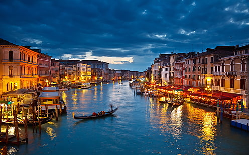 Венеция Италия Город Ночной свет Канал Гондола, HD обои HD wallpaper