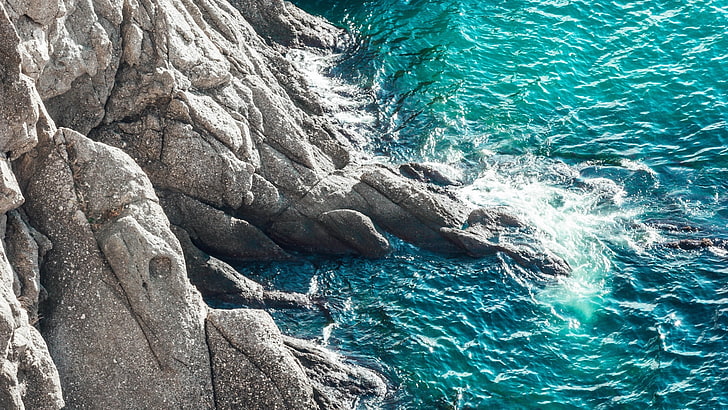 formazione rocciosa grigia, mare, onde, acqua, rocce, blu, turchese, Sfondo HD