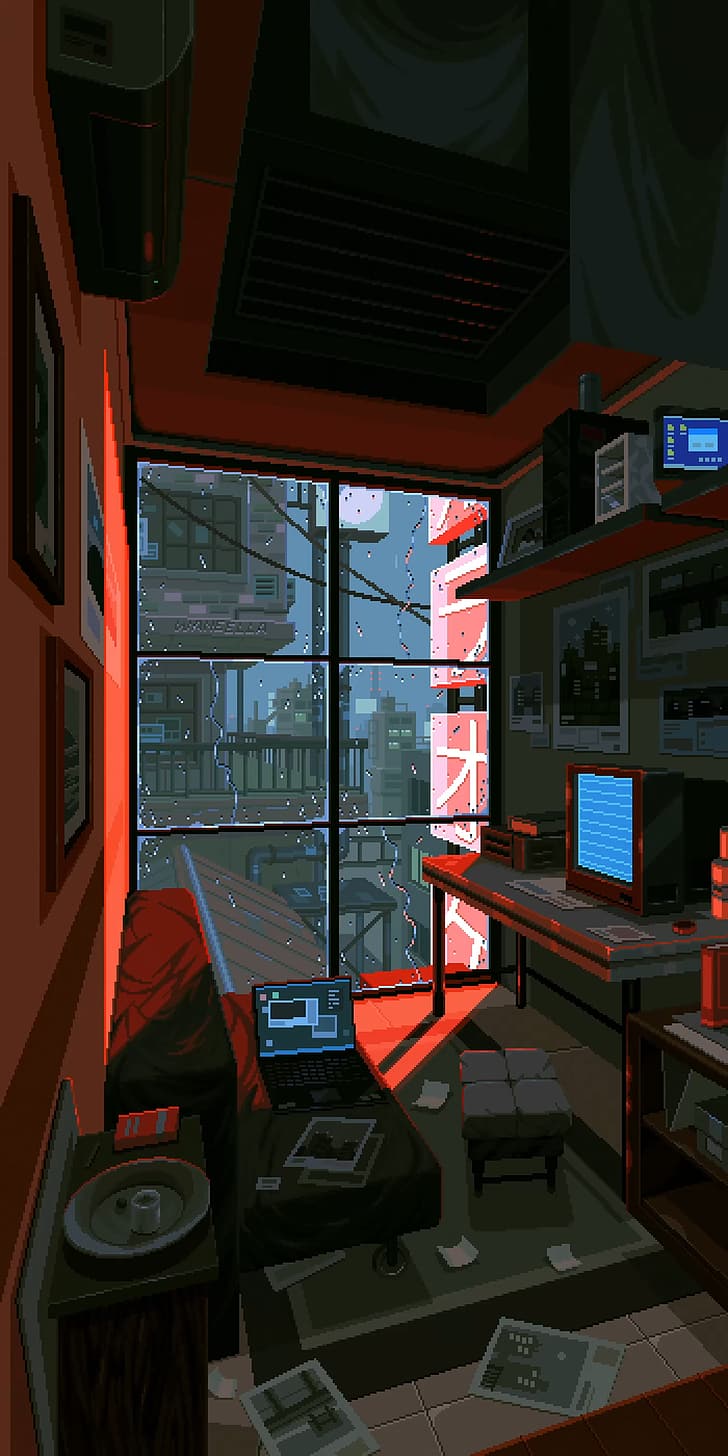 waneella, pixel art, città, pioggia, finestra, visualizzazione verticale, Sfondo HD, sfondo telefono