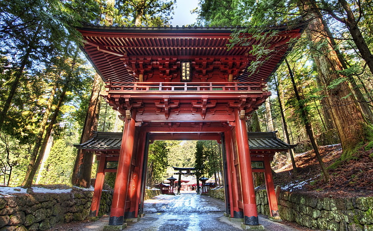 Temple Gate In Japan, brown wooden shed, Asia, Japan, Forest, Alley, Temple, Gate, Nikko, HD wallpaper