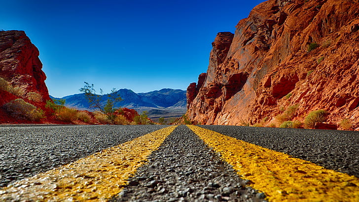 photo of road between brown mountains, Valley of Fire, Nevada, photo, brown, desert, HDR, exp, landscape, low angle, mountain, state park, nikon d600, facebook, open road, paint, yellow, road, nature, rock - Object, outdoors, asphalt, travel, scenics, sky, canyon, HD wallpaper