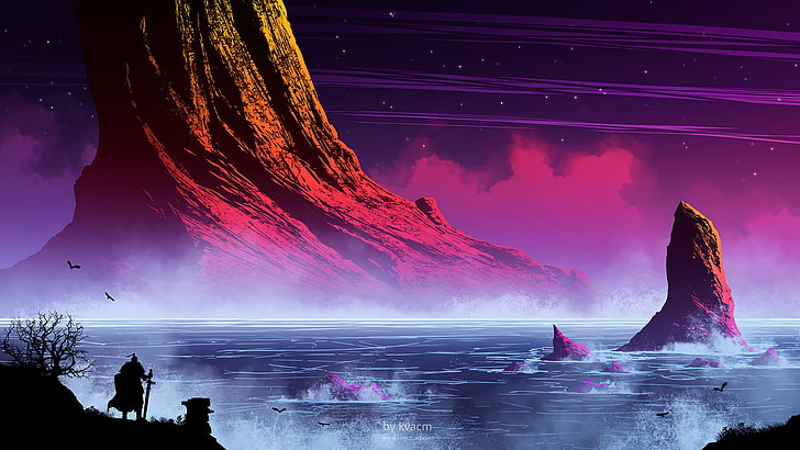 gunung batu di dekat badan air wallpaper digital, ilustrasi, Kvacm, seni fantasi, pegunungan, latar belakang ungu, Wallpaper HD