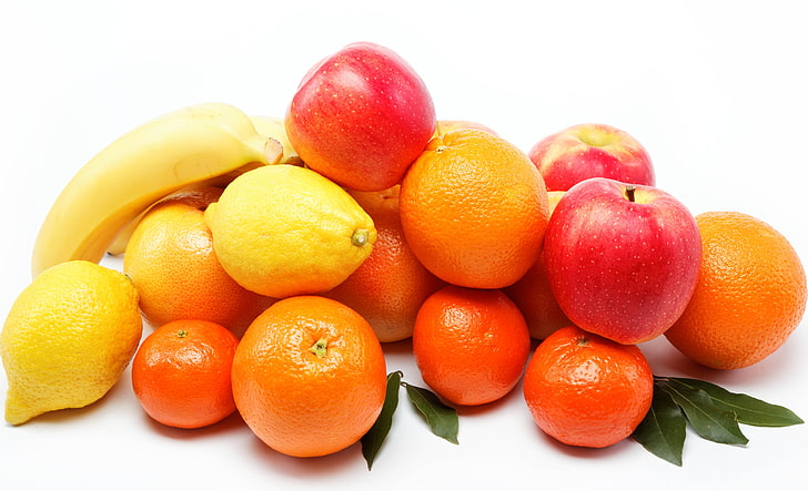 owoce pomarańczy, jabłka, cytryny i banany, owoce, białe tło, dużo, pomarańcze, mandarynki, jabłka, banany, cytryny, Tapety HD