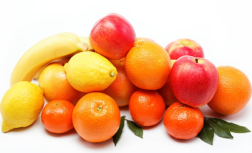 портокалови плодове, ябълка, лимон и банан много, плодове, бял фон, много, портокали, мандарини, ябълки, банани, лимони, HD тапет HD wallpaper