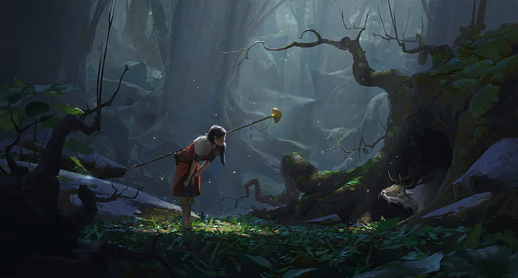 kobieta pochylona do przodu w lesie ilustracja, sztuka fantasy, Tapety HD
