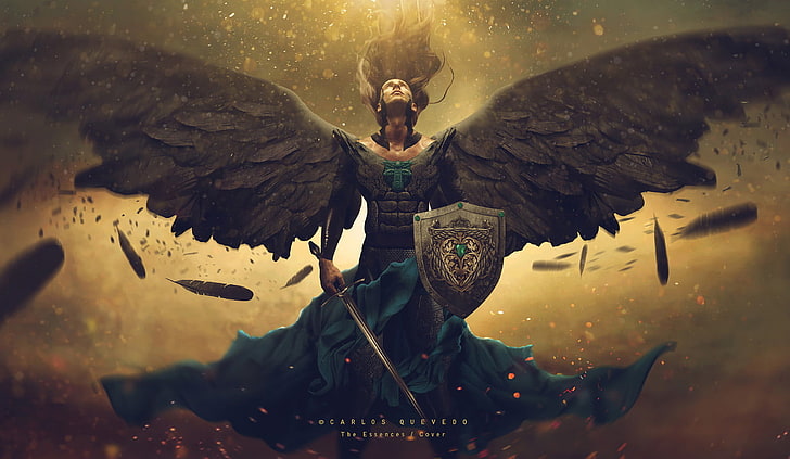 Ilustración de mujer con alas, Photoshop, Carlos Quevedo, ángel, escudo, alas, armadura, espada, Fondo de pantalla HD