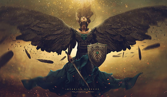 woman with wings illustration, Photoshop, Carlos Quevedo, angel, shield, wings, armor, sword, HD wallpaper HD wallpaper