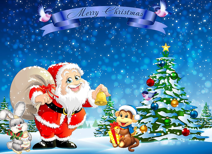 Père Noël avec le singe et le lapin, papier peint joyeux Noël, arbre, lièvre, Noël, le père Noël, neige, nouvel an, singe, 2016, Fond d'écran HD