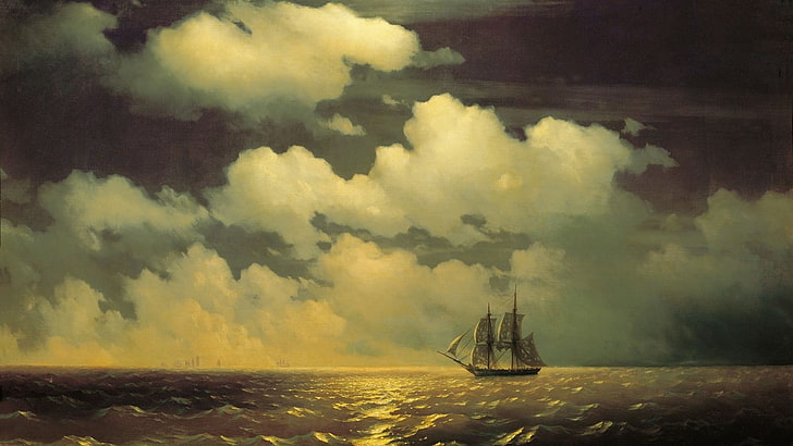 veleiro na pintura de água, trabalho artístico, pintura, arte clássica, água, mar, navio à vela, Ivan Konstantinovich Aivazovsky, Ivan Aivazovsky, nuvens, ondas, horizonte, HD papel de parede