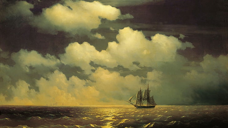 żaglowiec, sztuka klasyczna, woda, Ivan Konstantinovich Aivazovsky, horyzont, malarstwo, dzieło sztuki, chmury, Ivan Aivazovsky, morze, fale, Tapety HD