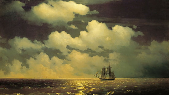 voilier, art classique, eau, Ivan Konstantinovich Aivazovsky, horizon, peinture, œuvres d'art, nuages, Ivan Aivazovsky, mer, vagues, Fond d'écran HD HD wallpaper