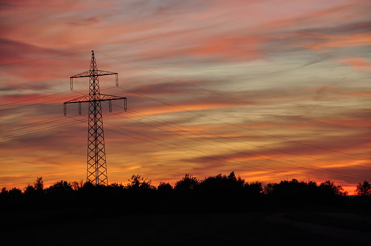 sunset, dark, power lines, sky, HD wallpaper
