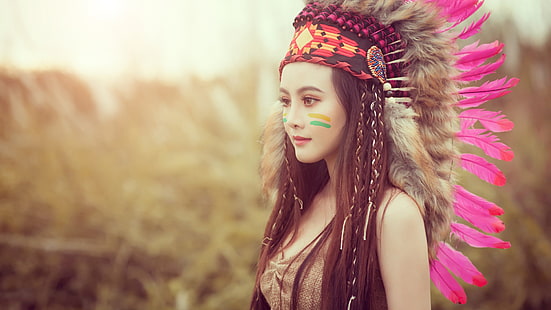  women, Asian, photography, model, Native American clothing, headdress, HD wallpaper HD wallpaper