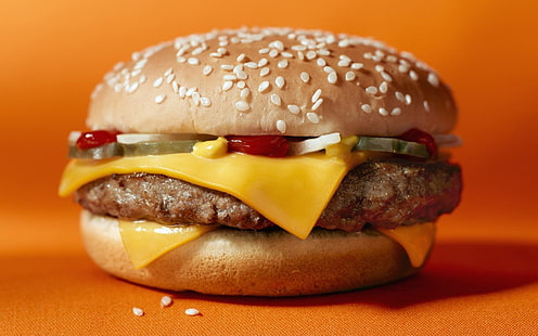 kanapka cheeseburger, hamburger, fast food, mięso, ser, bułka, sezam, Tapety HD HD wallpaper