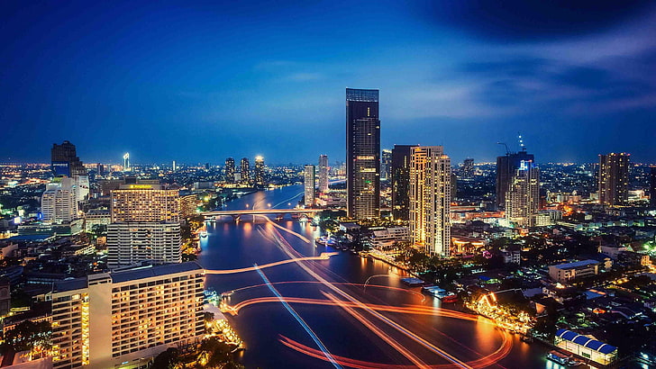 バンコク、都市景観、都市、メガポリス、スカイライン、ランドマーク、空、高層ビル、夜、タワーブロック、ダウンタウン、首都圏、タイ、アジア、チャオプラヤ、夜の時間、 HDデスクトップの壁紙