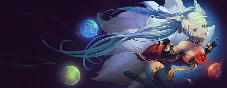 илюстрация на жълтокос женски герой, животински уши, сини очи, опашка, дълга коса, син фон, червени цветя, усмихнати, оригинални герои, HD тапет