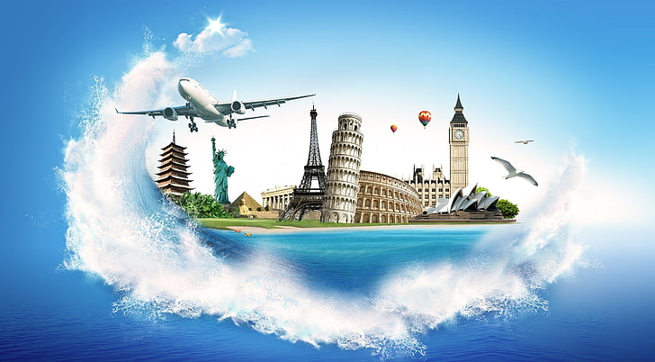 Travel, Leaning Tower of Pisa, Eiffel Tower, Big Ben, Sydney Opera House, Statue of Liberty, Colosseum, Pyramid of Giza and white airliner illustration, Aero, Creative, travel, HD wallpaper
