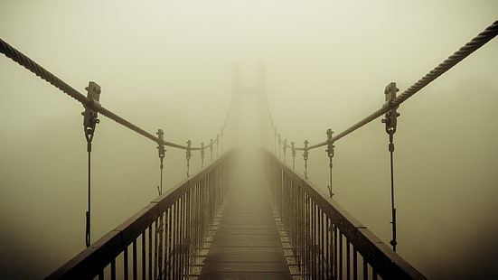 brązowy drewniany most wiszący, mgła, most, Tapety HD HD wallpaper