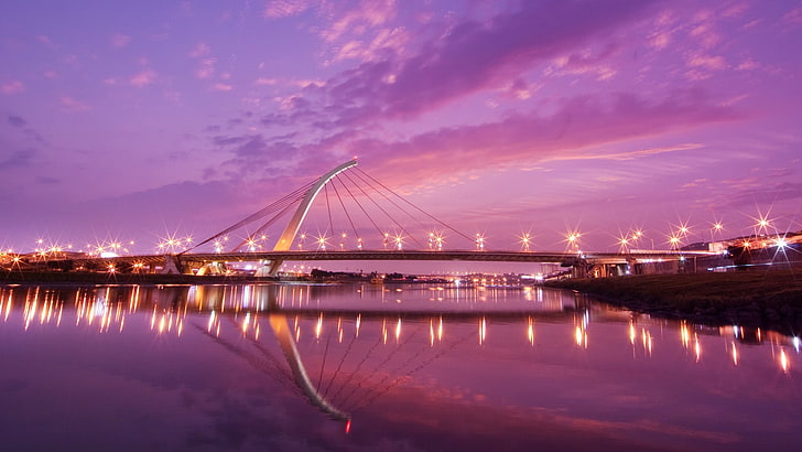 ilusi optik jembatan, lanskap kota, jembatan, air, refleksi, langit, Wallpaper HD
