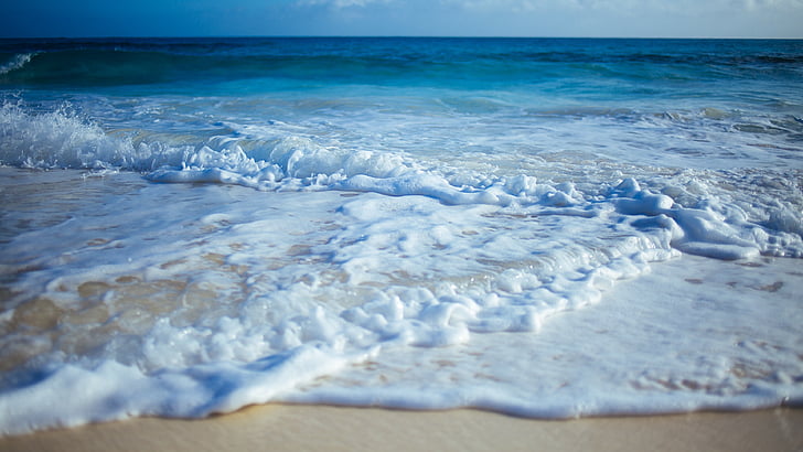 foamy waves, swash, sea foam, seawater, waterscape, seascape, blue water, waves, foamy, summertime mood, sandy beach, sea, coast, horizon, beach, sky, water, wind wave, shore, ocean, wave, HD wallpaper