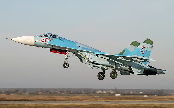 Sukhoi Su-27 P Flanker Fighter, jet tempur biru, Pesawat / Pesawat, Sukhoi, pesawat terbang, Wallpaper HD