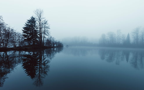 body of water surrounded by trees covered with fog, Blue Monk, body of water, trees, fog, nature, reflection, long exposure, Easton, Ponds, Pacific Northwest, Canon EOS 5D Mark III, Canon EF, 35mm, 4L, john, westrock, washington, forest, tree, lake, water, landscape, tranquil Scene, scenics, outdoors, winter, HD wallpaper HD wallpaper