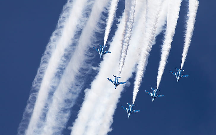 Kawasaki T-4, Blue Impulse, aerobatic group, sky, smoke, Kawasaki, Blue, Impulse, Aerobatic, Group, Sky, Smoke, HD wallpaper