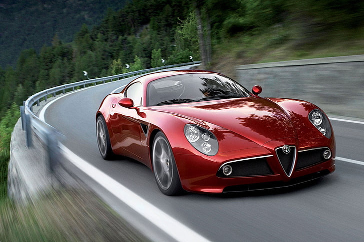 red and white convertible coupe, Alfa Romeo, car, red cars, motion blur, HD wallpaper