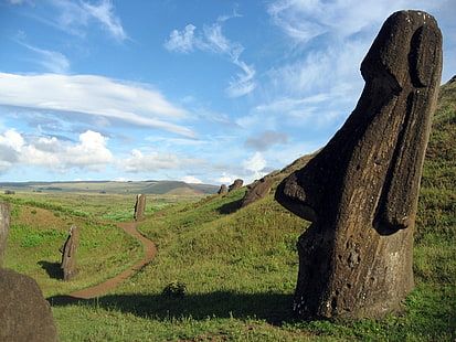 Moai, Easter Island, clear sky, statue, island, Easter Island, landscape, HD wallpaper HD wallpaper