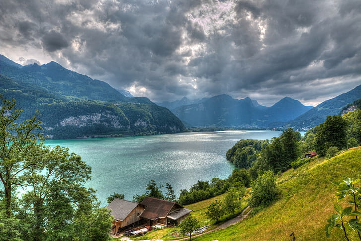 Walensee езеро, Алпи, Швейцария, купести облаци, Швейцария, облаци, дървета, планини, къщи, Алпи, езеро, Walensee езеро, HD тапет