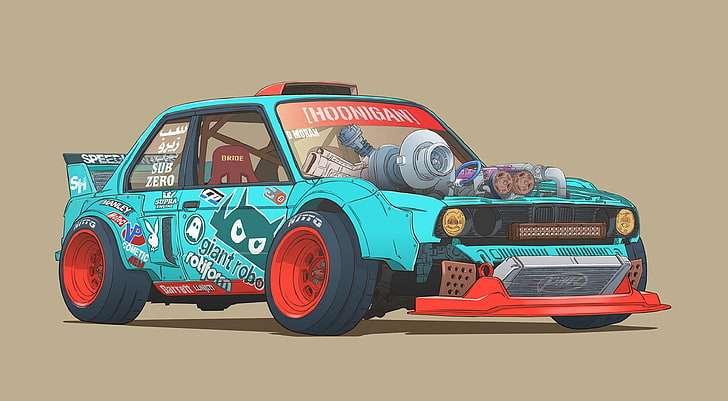 teal and red race car illustration, Figure, BMW E30, Drift Car, HD wallpaper
