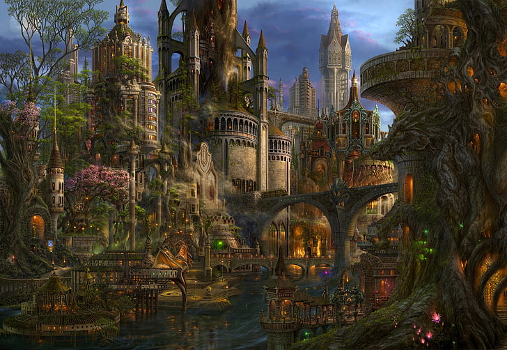 arte fantasy, città fantasy, Sfondo HD
