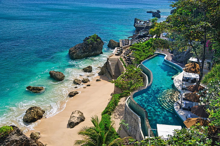 indonesia, bali, pool, holiday, rocks, Nature, HD wallpaper