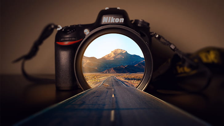 Nikon, camera, desert, abstract, modern, road, HD wallpaper