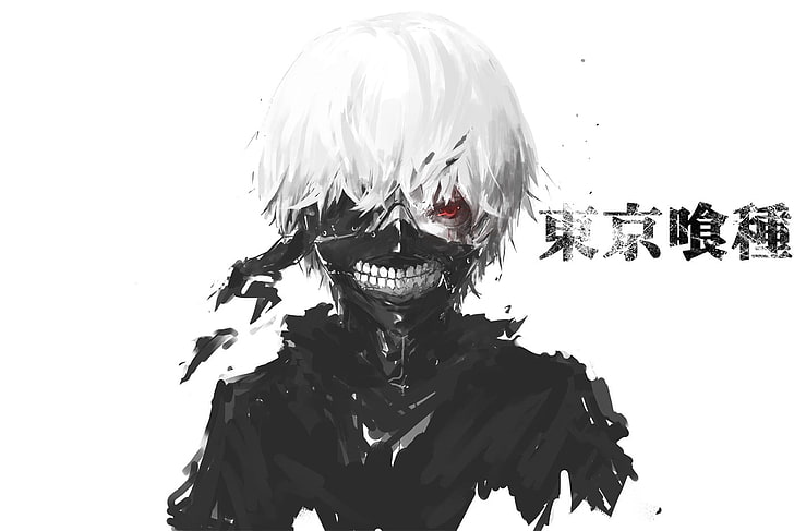 anime character wallpaper, anime, Tokyo Ghoul, simple background, Kaneki Ken, anime boys, selective coloring, teeth, typography, white background, red eyes, HD wallpaper