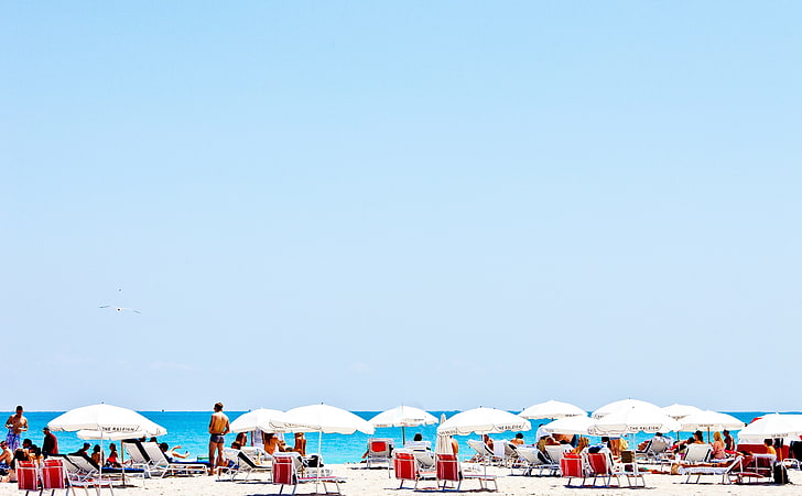 On The Beach, white patio umbrellas, Seasons, Summer, Beach, Florida, Summertime, united states, south beach, Miami, United States of America, Miami Beach, HD wallpaper